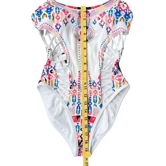 Red Carter White Multicolor Aztec Print One Piece Cutout Swimsuit - Small (6) - Picture 14 of 16